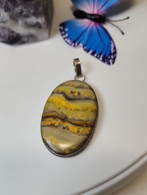 Yellow Bumblebee Jasper Oval Pendant Necklace - Women's Jewelry